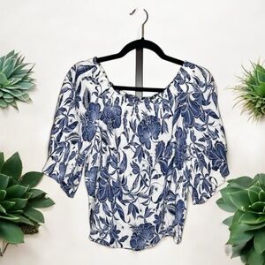 ☀️H&M Blue White Toile Floral Print 3/4 Sleeve Off Shoulder Blouse Women’s 2